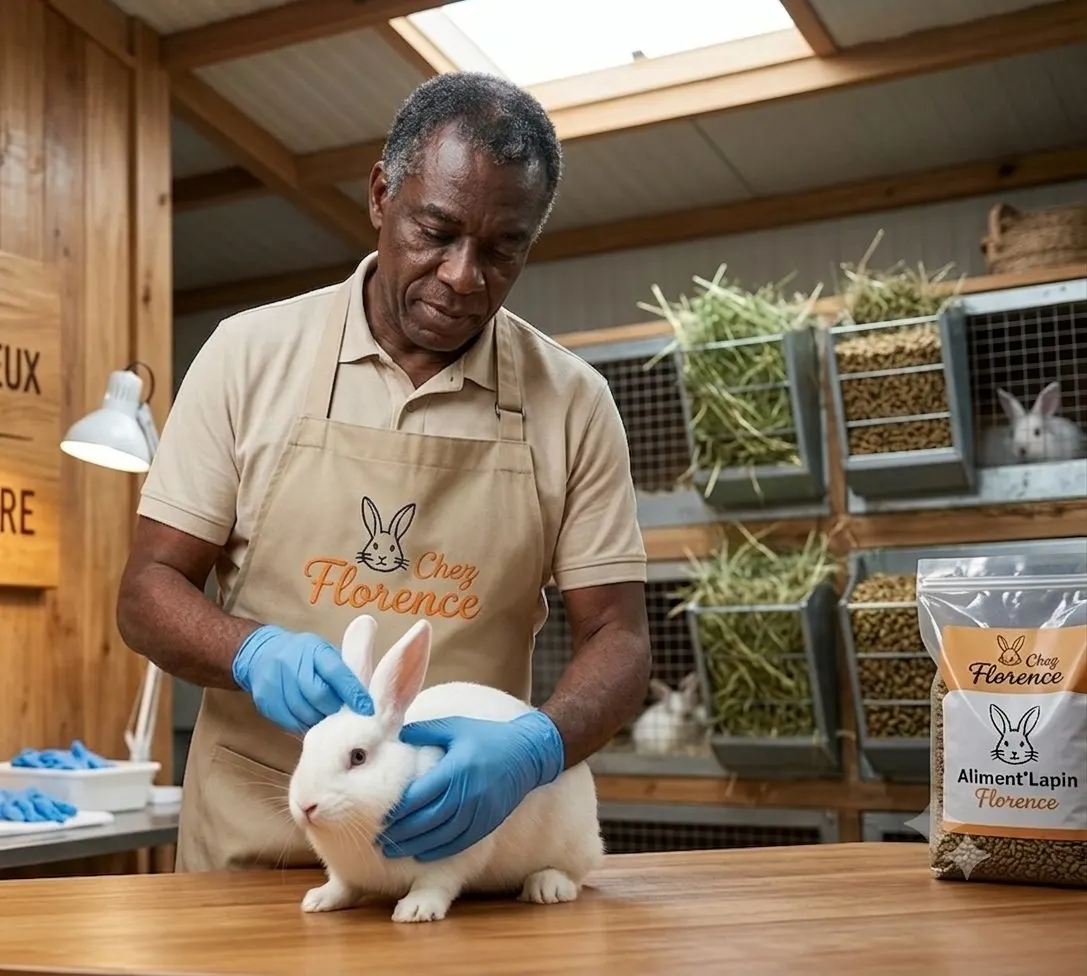 Éleveur Chez Florence prenant soin d'un lapin