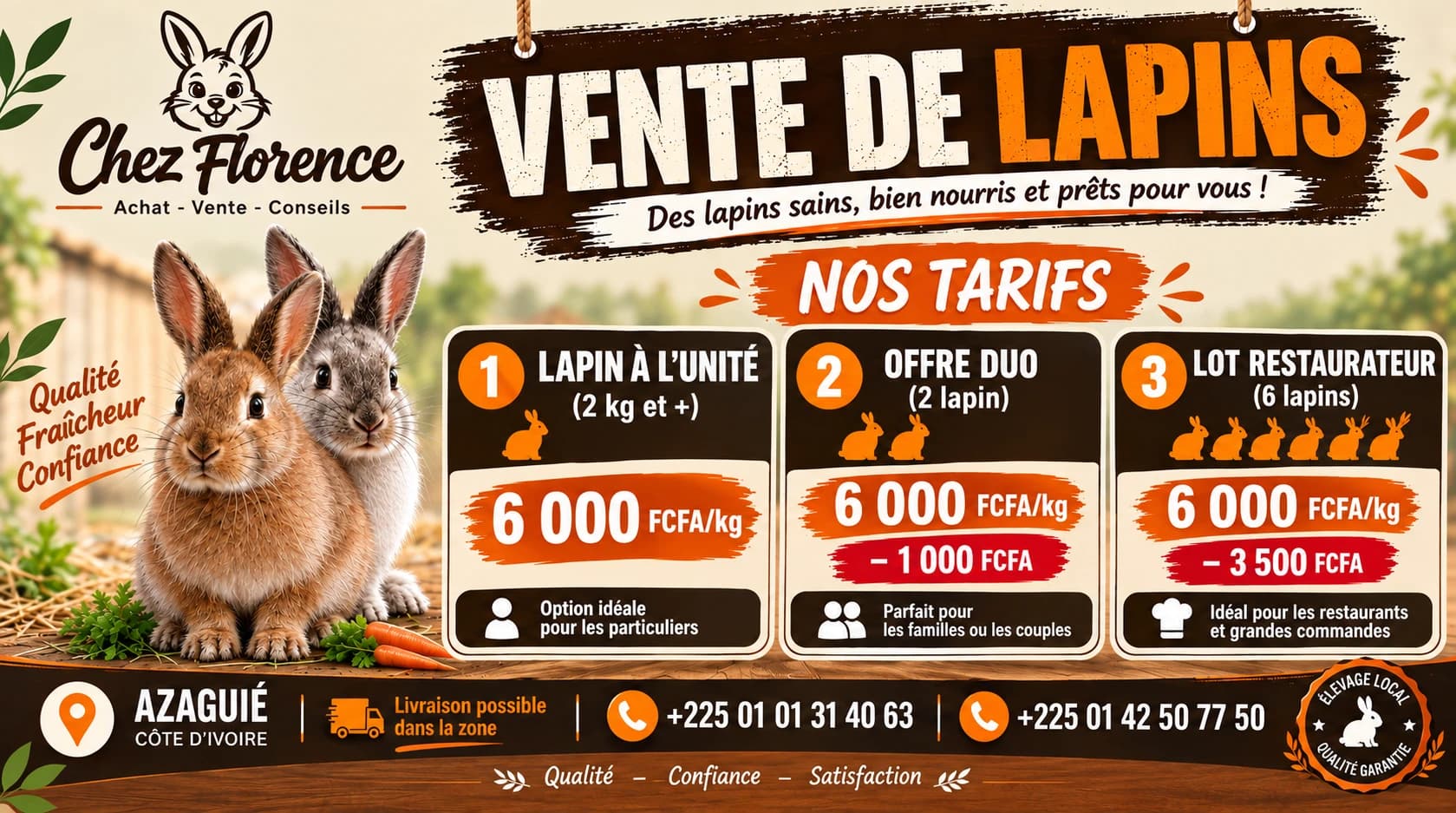 Affiche Chez Florence — Vente de lapins, Azaguié, Côte d'Ivoire